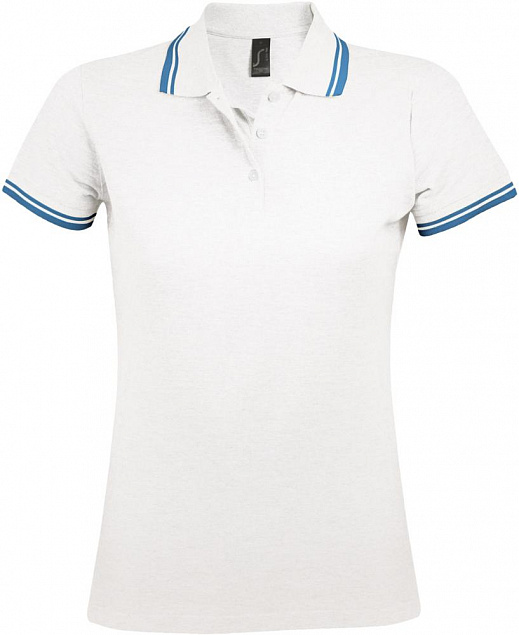 Рубашка поло женская PASADENA WOMEN 200 с контрастной отделкой, белая с голубым с логотипом в Москве заказать по выгодной цене в кибермаркете AvroraStore