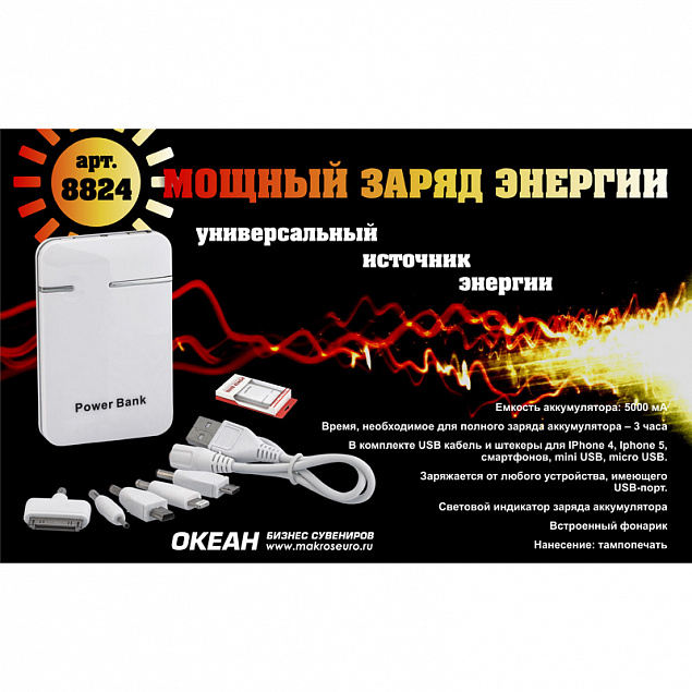 Зарядное устройство "Кругосветка", 5000 mAh, белый с логотипом в Москве заказать по выгодной цене в кибермаркете AvroraStore