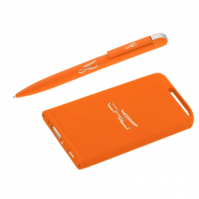 Набор ручка + зарядное устройство 4000 mAh в футляре, оранжевый, покрытие soft touch с логотипом в Москве заказать по выгодной цене в кибермаркете AvroraStore