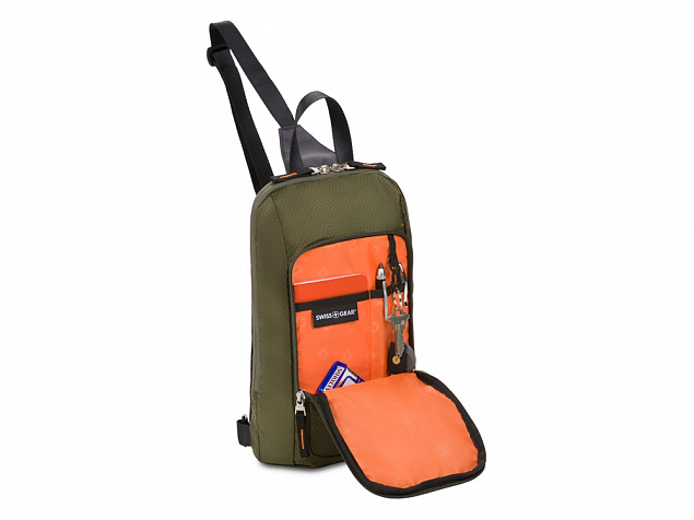 Рюкзак SWISSGEAR с одним плечевым ремнем, зеленый/оранжевый, полиэстер рип-стоп, 18 x 5 x 33 см, 4 л с логотипом в Москве заказать по выгодной цене в кибермаркете AvroraStore