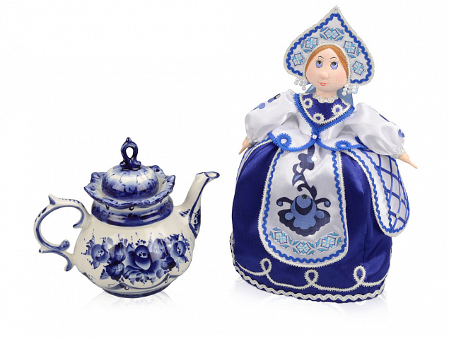 Подарочный набор "Гжель": кукла на чайник, чайник заварной с росписью с логотипом в Москве заказать по выгодной цене в кибермаркете AvroraStore