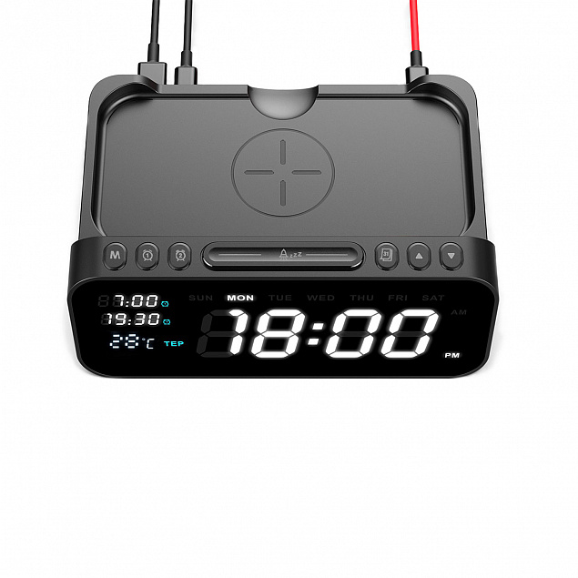 Настольные часы 6в1 с беспроводной зарядкой 10W, Orion, черный цвет с логотипом в Москве заказать по выгодной цене в кибермаркете AvroraStore