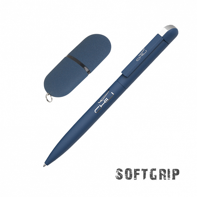 Подарочный набор ручка и флеш-карта, покрытие soft grip, синий с логотипом  заказать по выгодной цене в кибермаркете AvroraStore