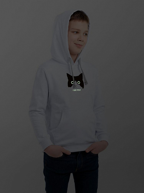 Толстовка с капюшоном детская I See You со светящимся принтом, белая с логотипом в Москве заказать по выгодной цене в кибермаркете AvroraStore