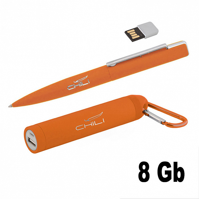 Набор ручка c флеш-картой 8Гб + зарядное устройство 2800 mAh в футляре, оранжевый, soft touch с логотипом в Москве заказать по выгодной цене в кибермаркете AvroraStore