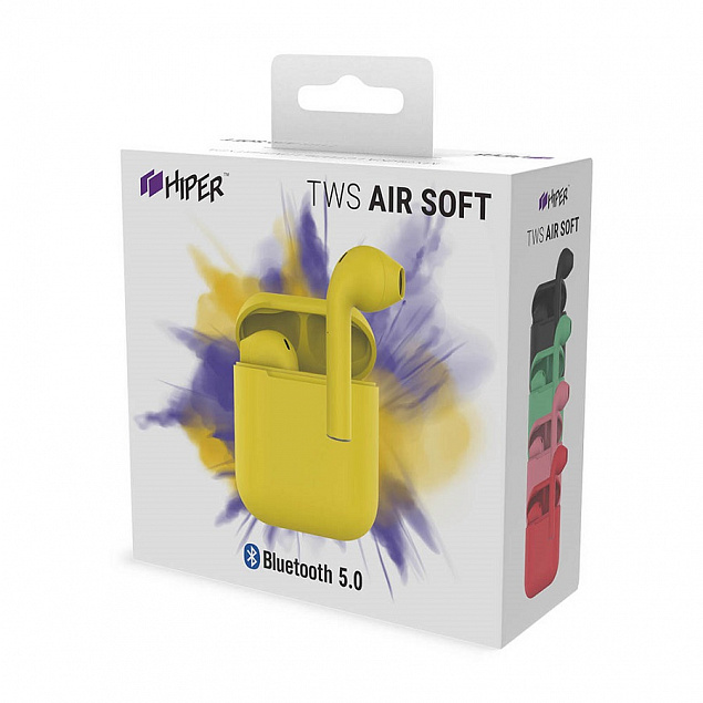 Наушники беспроводные с зарядным боксом TWS AIR SOFT, цвет желтый  с логотипом в Москве заказать по выгодной цене в кибермаркете AvroraStore