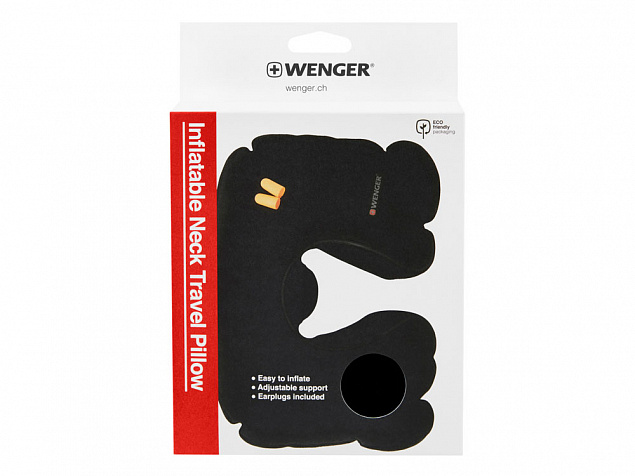 Подушка для самолёта WENGER, надувная, чёрная, флис, беруши в комплекте с логотипом в Москве заказать по выгодной цене в кибермаркете AvroraStore