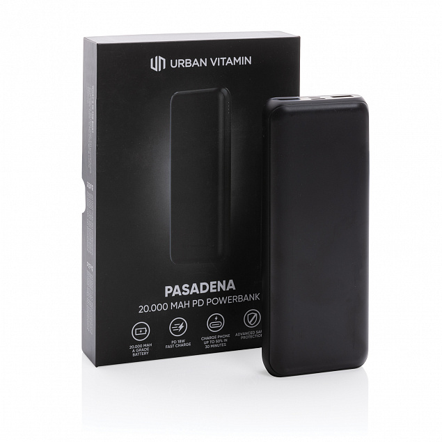 Внешний аккумулятор Urban Vitamin Pasadena с быстрой зарядкой PD, 18 Вт, 20000 мАч с логотипом в Москве заказать по выгодной цене в кибермаркете AvroraStore