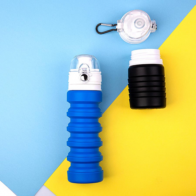 Бутылка для воды складная с карабином SPRING; синяя, 550/250 мл, силикон с логотипом в Москве заказать по выгодной цене в кибермаркете AvroraStore