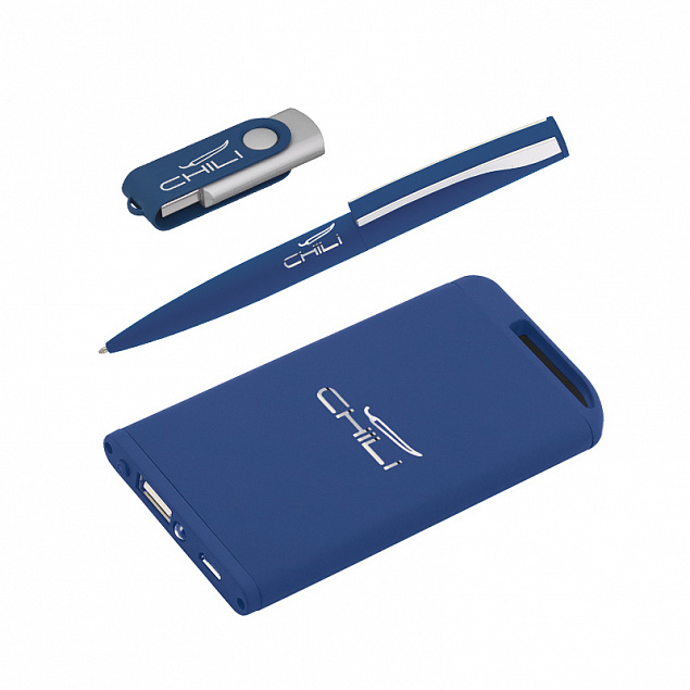 Набор ручка + флеш-карта 16Гб + зарядное устройство 4000 mAh в футляре, темно-синий, soft touch с логотипом в Москве заказать по выгодной цене в кибермаркете AvroraStore