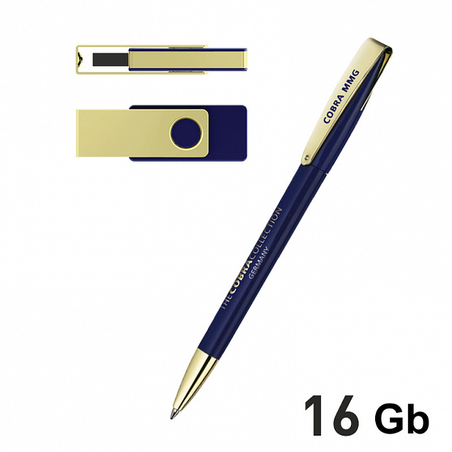 Набор ручка + флеш-карта 16Гб в футляре, темно-синий/золото с логотипом в Москве заказать по выгодной цене в кибермаркете AvroraStore