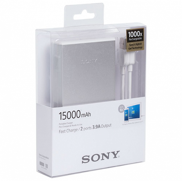 Внешний аккумулятор Sony 15000 мАч, серебристый с логотипом в Москве заказать по выгодной цене в кибермаркете AvroraStore