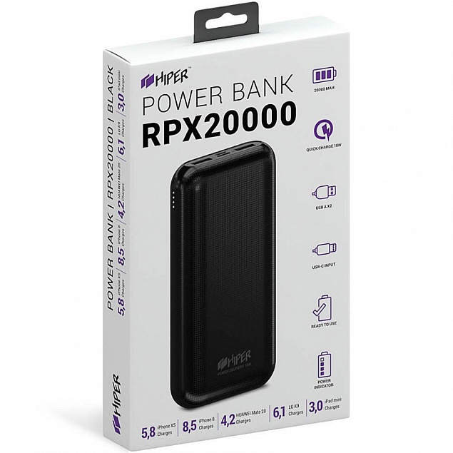 Универсальный аккумулятор RPX20000, QC3.0, PD, TYPE C, емкость 20000 мАч, черный  с логотипом в Москве заказать по выгодной цене в кибермаркете AvroraStore