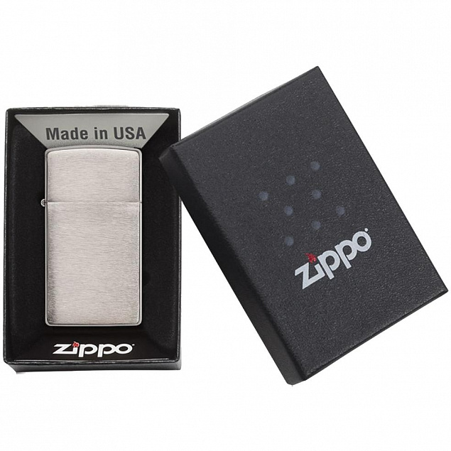 Зажигалка Zippo Slim Brushed, матовая серебристая с логотипом в Москве заказать по выгодной цене в кибермаркете AvroraStore