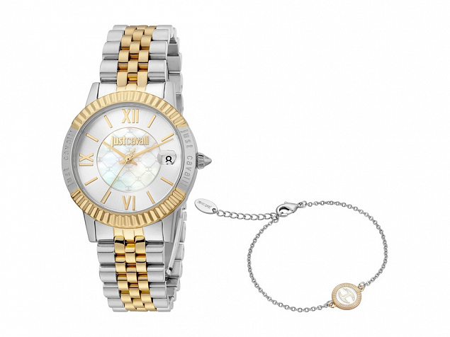 Подарочный комплект, состоящий из женских наручных часов и браслета. Just Cavalli с логотипом в Москве заказать по выгодной цене в кибермаркете AvroraStore