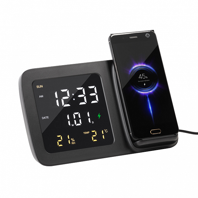 Настольные часы "Smart Screen" с беспроводным (15W) зарядным устройством, гигрометром, термометром, календарём, с подсветкой логотипа с логотипом  заказать по выгодной цене в кибермаркете AvroraStore