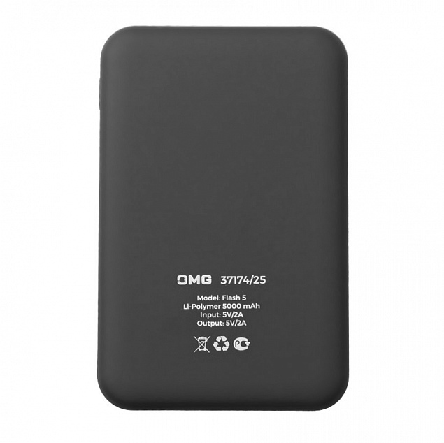 Универсальный аккумулятор OMG Flash 5 (5000 мАч) с подсветкой и soft touch, черный, 9,8х6.3х1,3 см с логотипом в Москве заказать по выгодной цене в кибермаркете AvroraStore