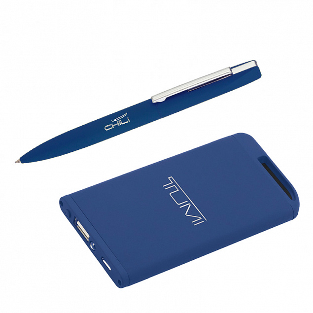 Набор ручка + зарядное устройство 4000 mAh в футляре, темно-синий, покрытие soft touch с логотипом в Москве заказать по выгодной цене в кибермаркете AvroraStore