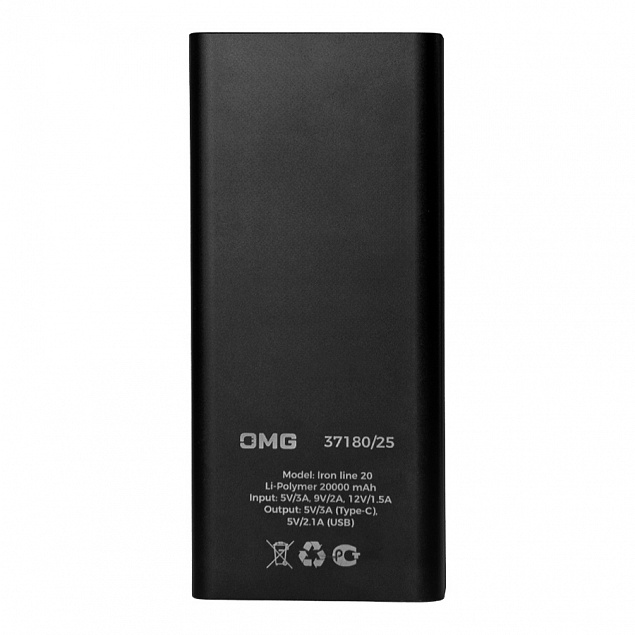 Универсальный аккумулятор OMG Iron line 20 (20000 мАч), металл, черный, 14,7х6.6х2,7 см с логотипом в Москве заказать по выгодной цене в кибермаркете AvroraStore