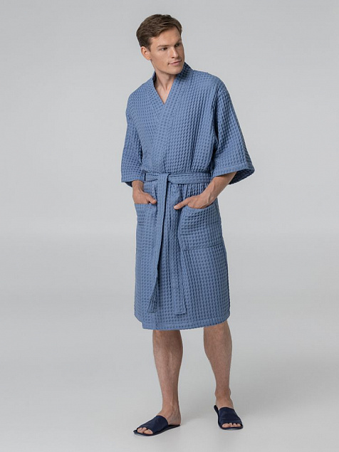 Халат вафельный мужской Boho Kimono, синий с логотипом в Москве заказать по выгодной цене в кибермаркете AvroraStore