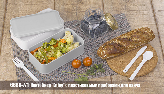 Контейнер "Enjoy" с пластиковыми приборами для ланча, серый/белый с логотипом в Москве заказать по выгодной цене в кибермаркете AvroraStore