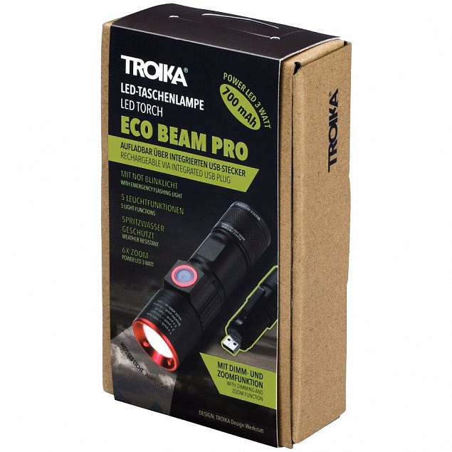 Аккумуляторный фонарь Eco Beam Pro, черный с логотипом в Москве заказать по выгодной цене в кибермаркете AvroraStore