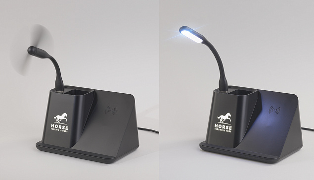Карандашница "Black Star" с беспроводным (10W) зарядным устройством, вентилятором и лампой, с подсветкой логотипа с логотипом в Москве заказать по выгодной цене в кибермаркете AvroraStore